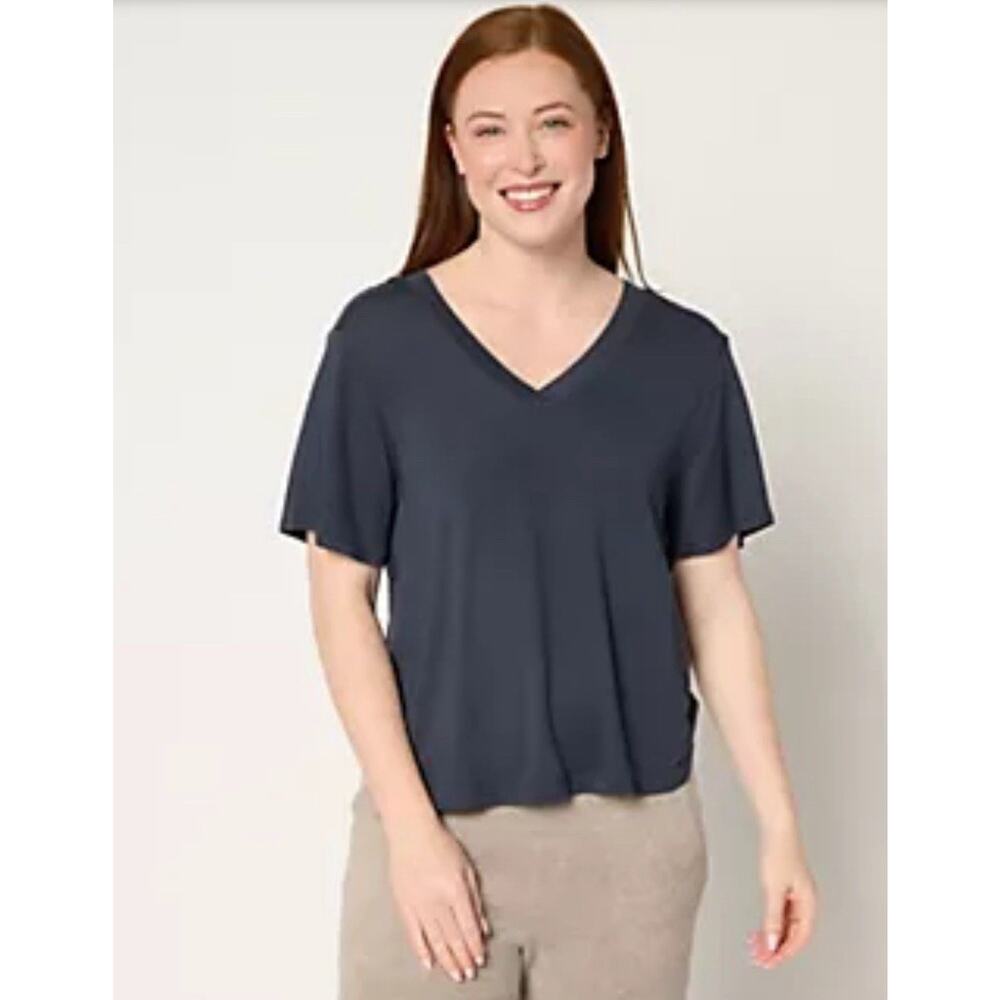 Barefoot Dreams Modal Drapey Double V-Neck Tee Indigo large A675829